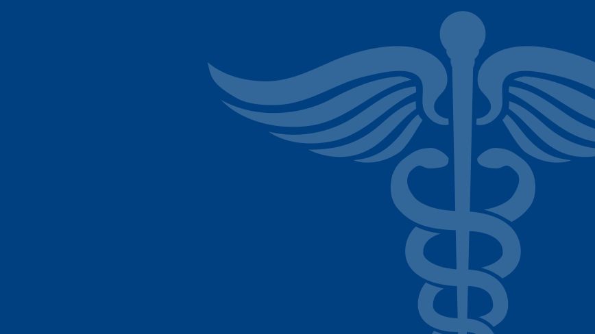 Blue medical caduceus symbol with intertwined serpents and wings on dark blue background